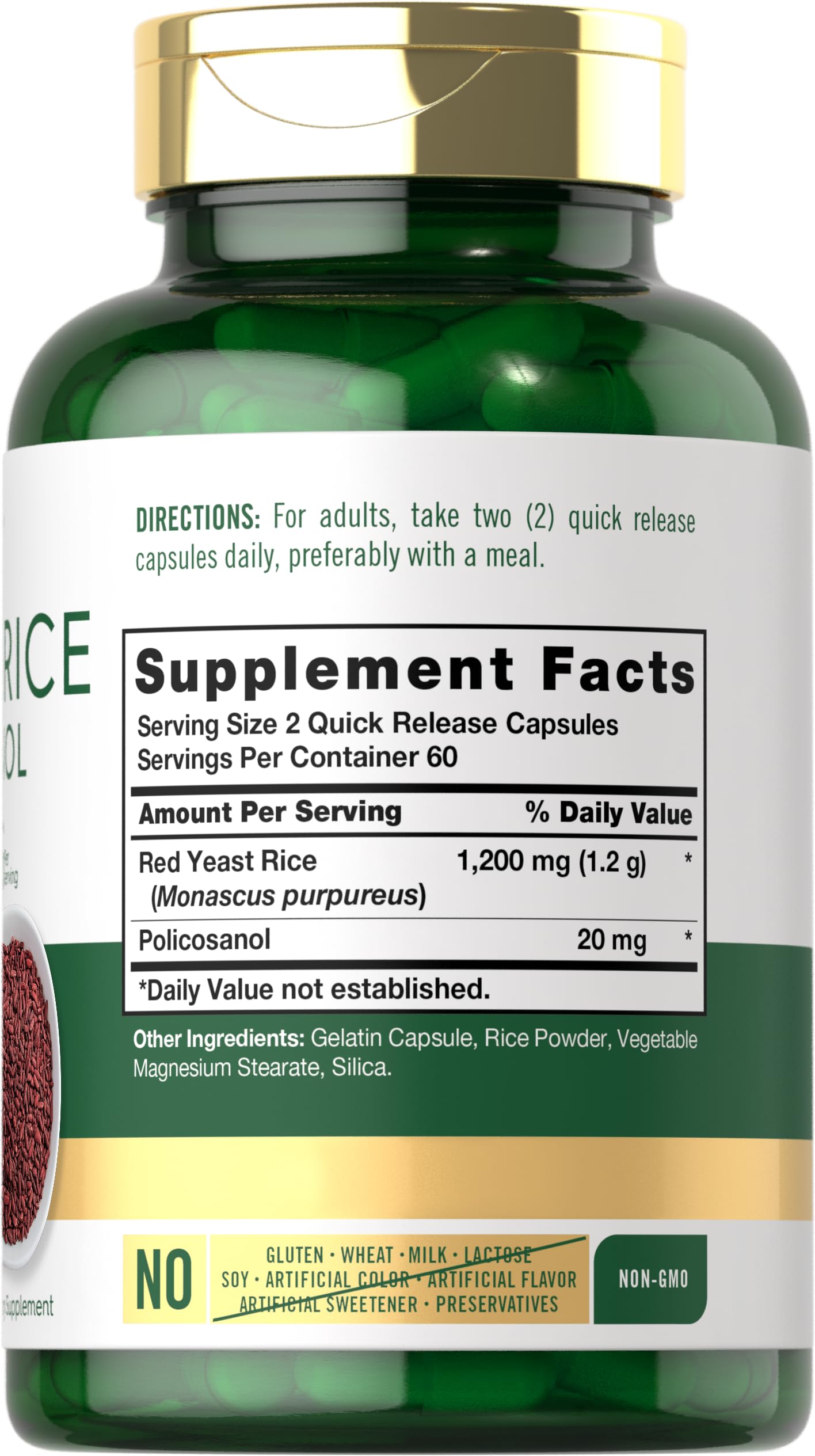 Carlyle Red Yeast Rice and Policosanol dietary supplement supplement facts label.