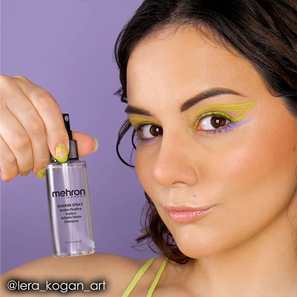 Close up of Mehron makeup setting spray bottle label