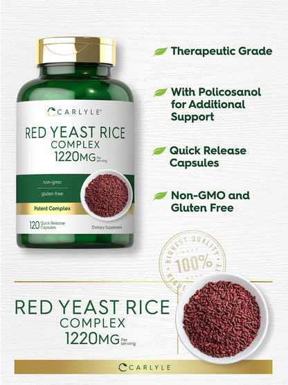 Non-GMO and gluten-free Carlyle Red Yeast Rice 1220 milligrams capsules bottle angle view.