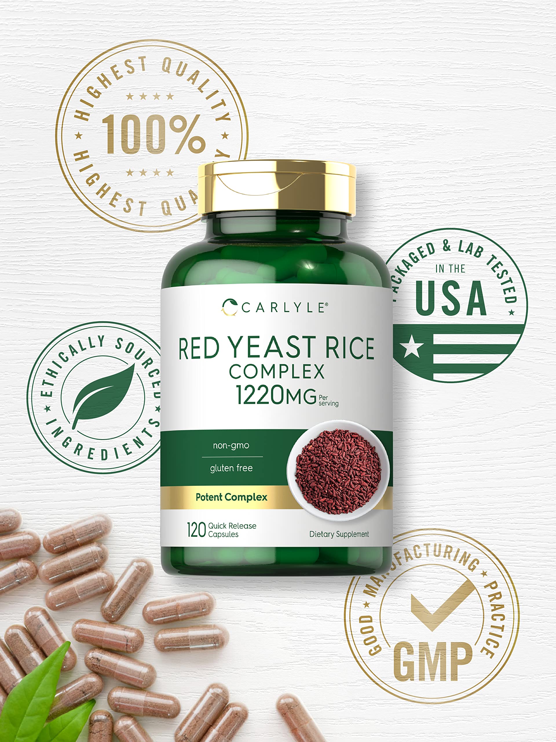 Carlyle Red Yeast Rice Complex clear capsule size and formulation details.