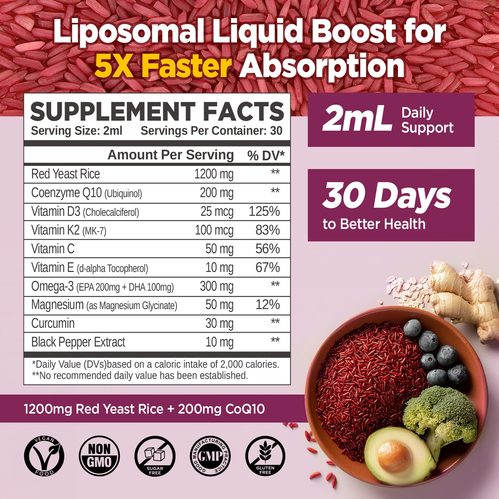 Close up of Hollegend Liposomal Red Yeast Rice supplement label details