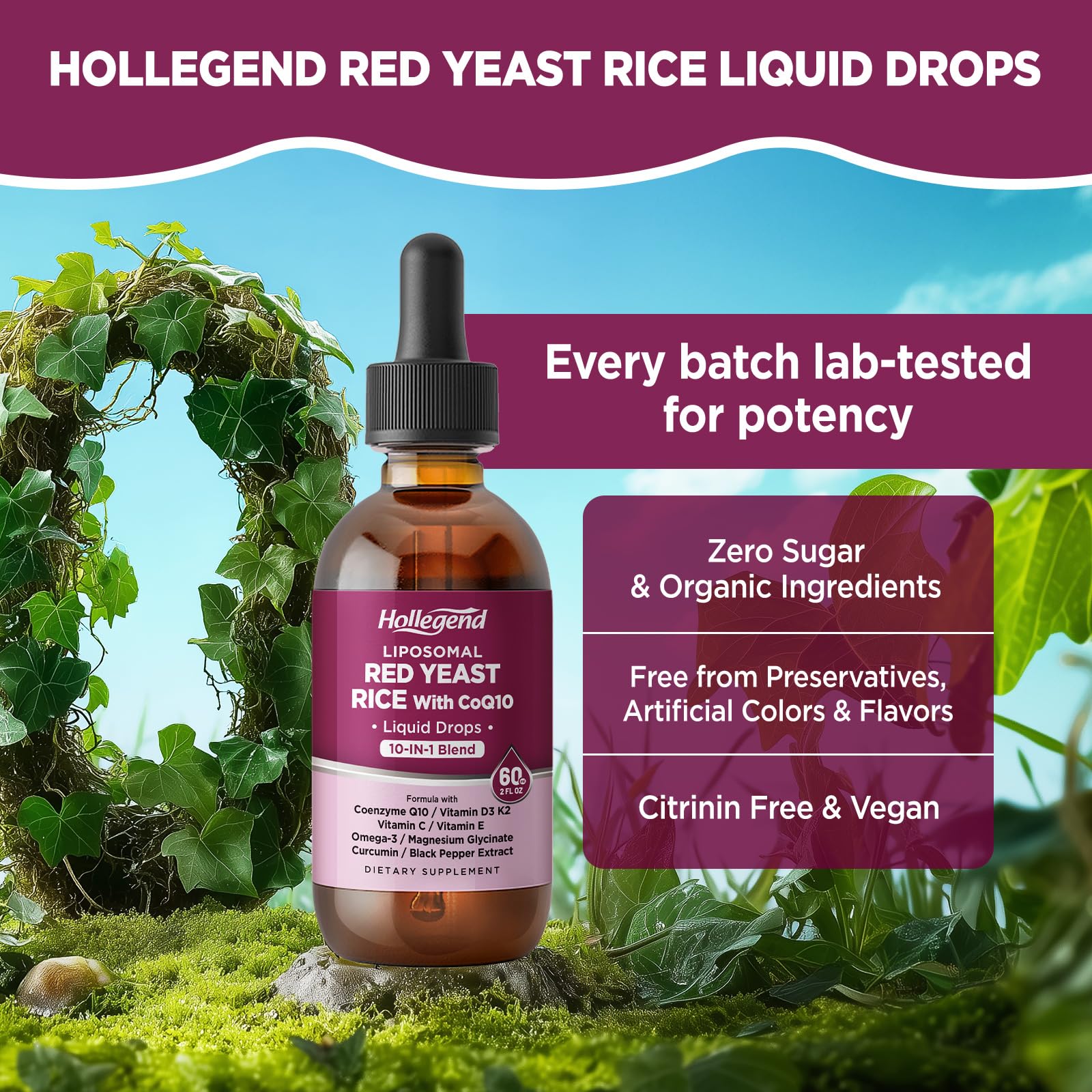 Lifestyle shot of Hollegend Liposomal Red Yeast Rice liquid drops