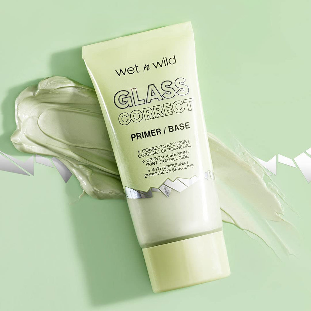 Wet N Wild glass skin correct primer displayed with skincare items