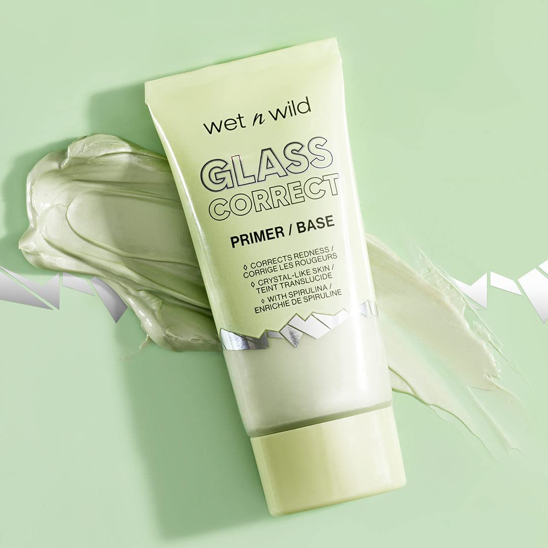 Wet N Wild glass skin correct primer displayed with skincare items
