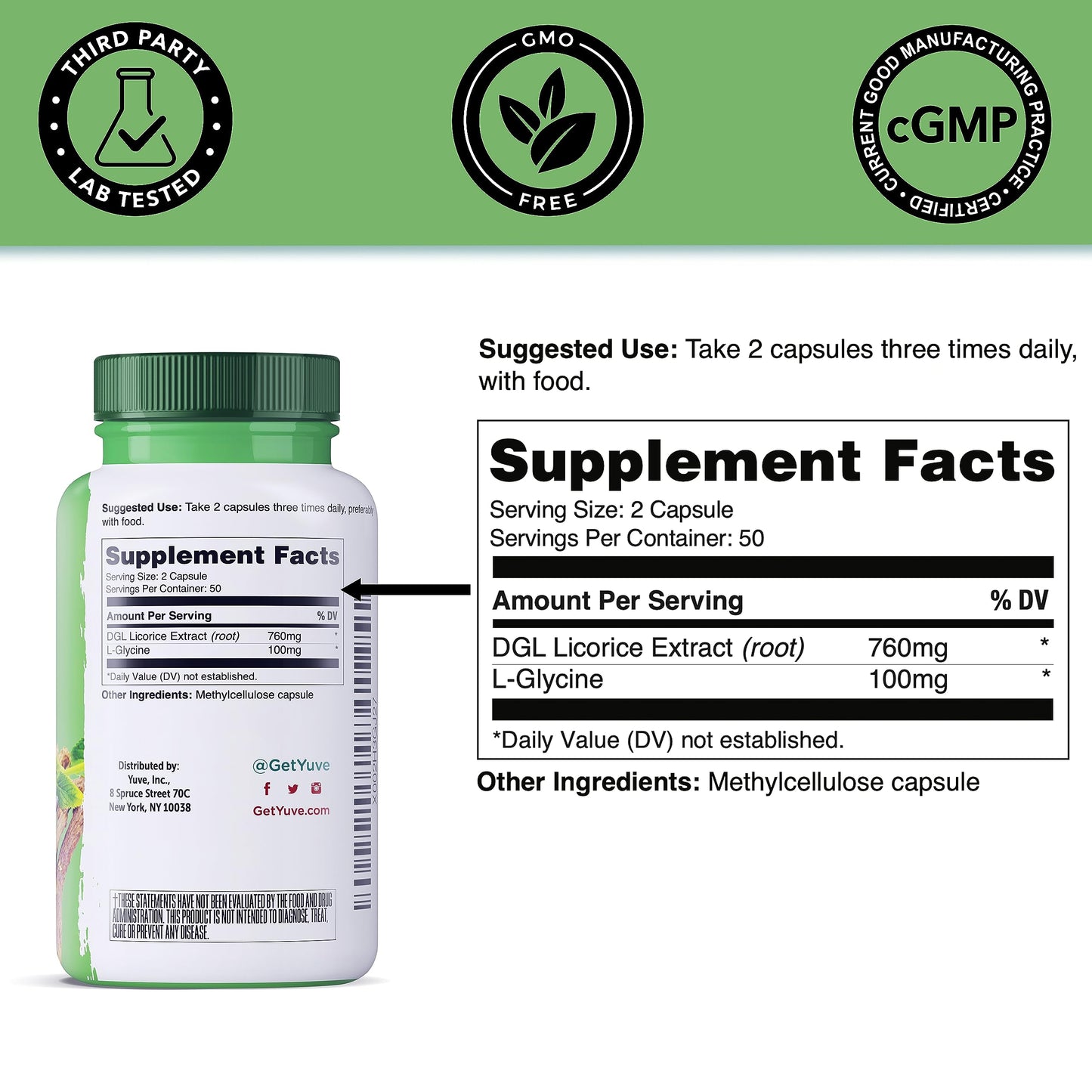 Yuve DGL Licorice capsules bottle showing serving size