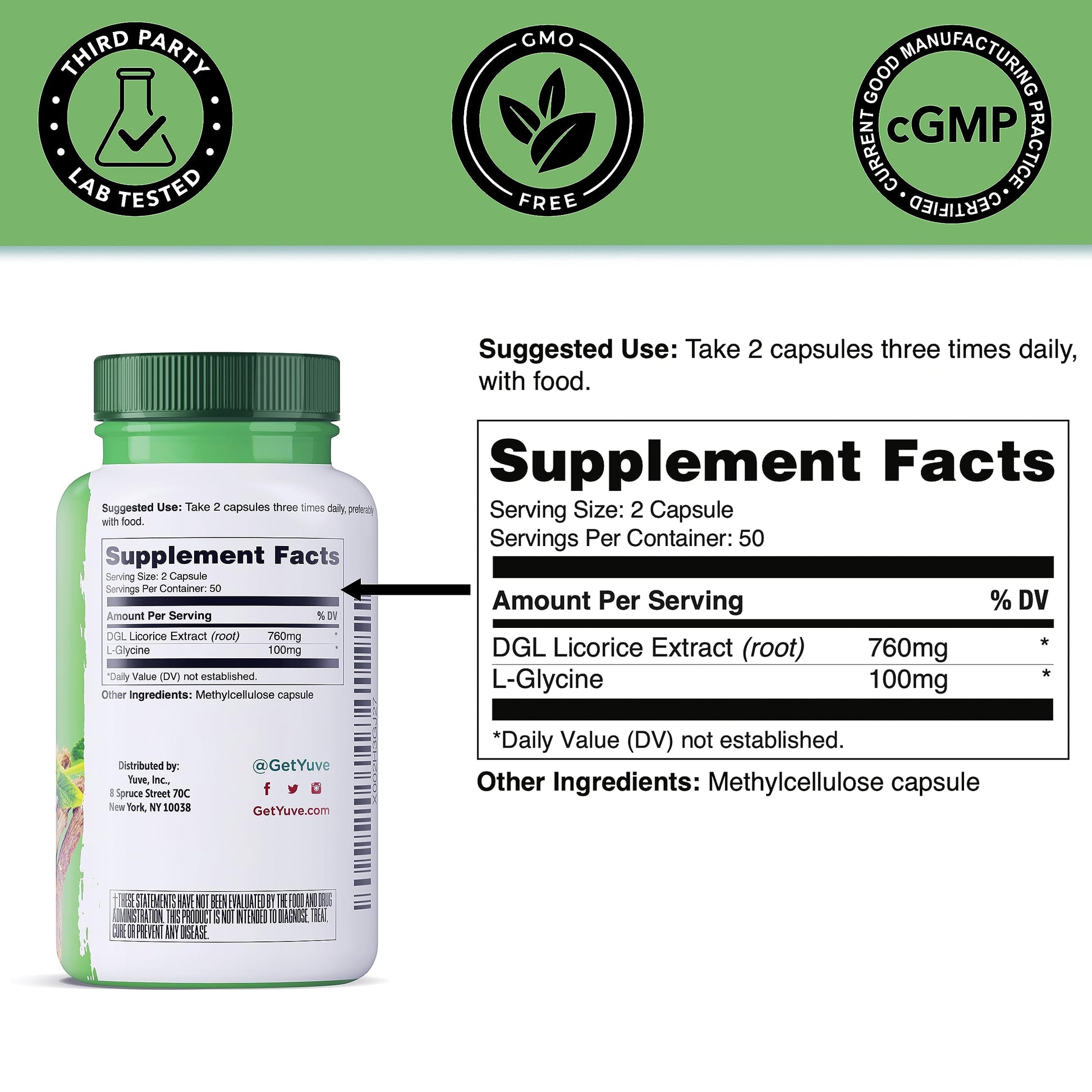 Yuve DGL Licorice capsules bottle showing serving size