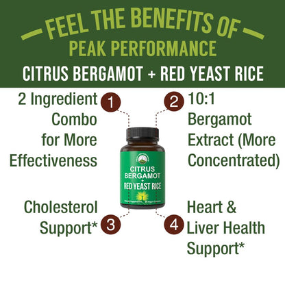 Citrus Bergamot 10:1 extract and red yeast rice dietary supplement 60 vegan capsules packaging.