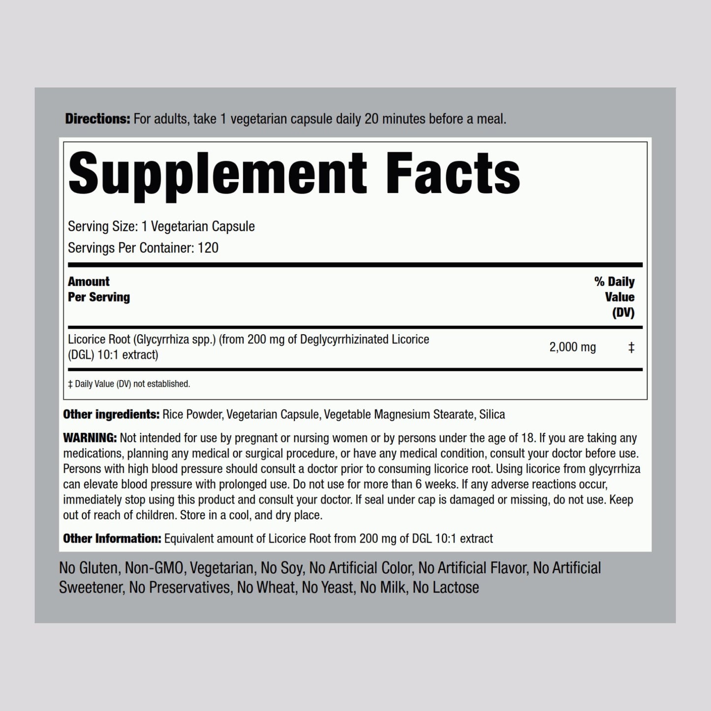 Piping Rock DGL 2000mg vegetarian capsules supplement label