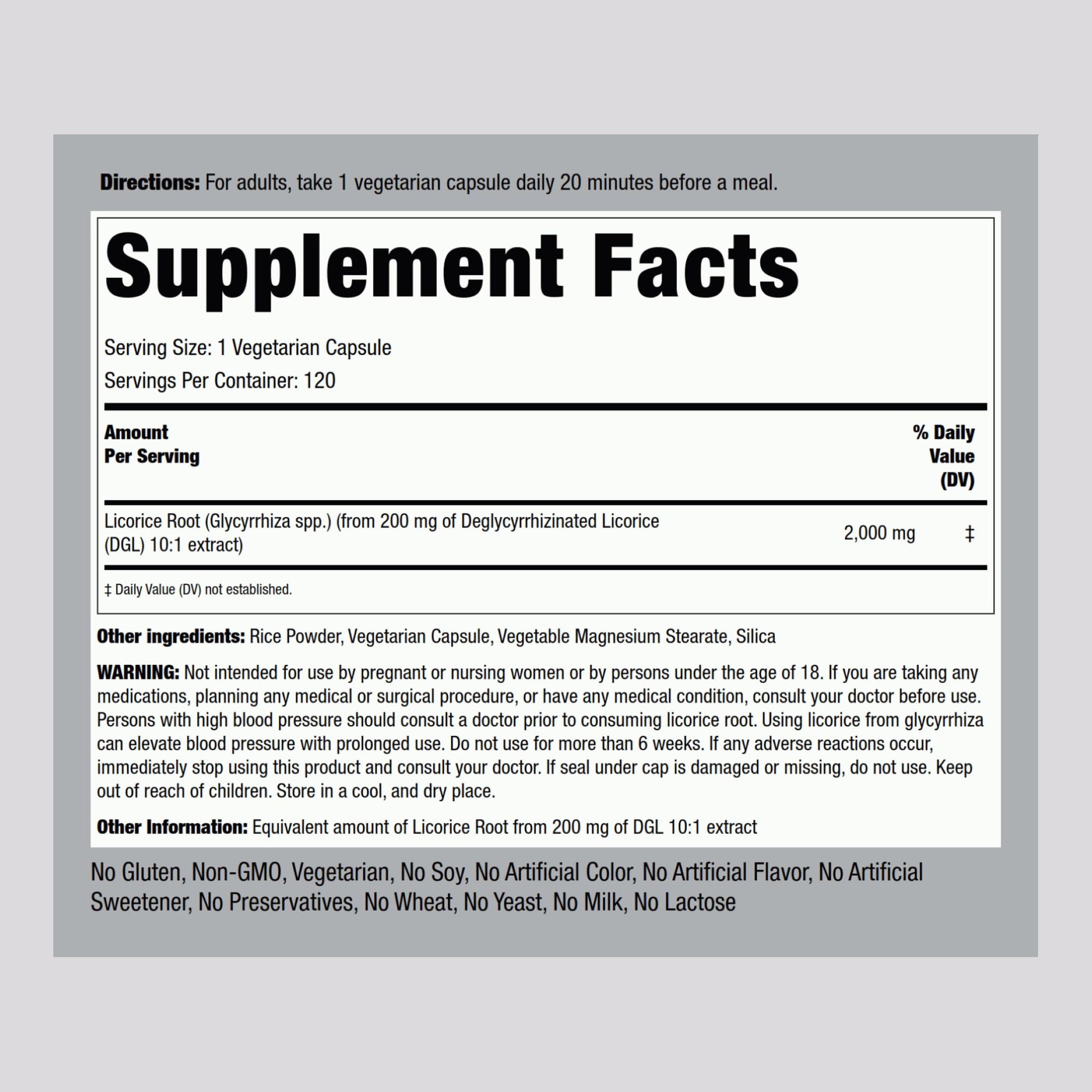 Piping Rock DGL 2000mg vegetarian capsules supplement label