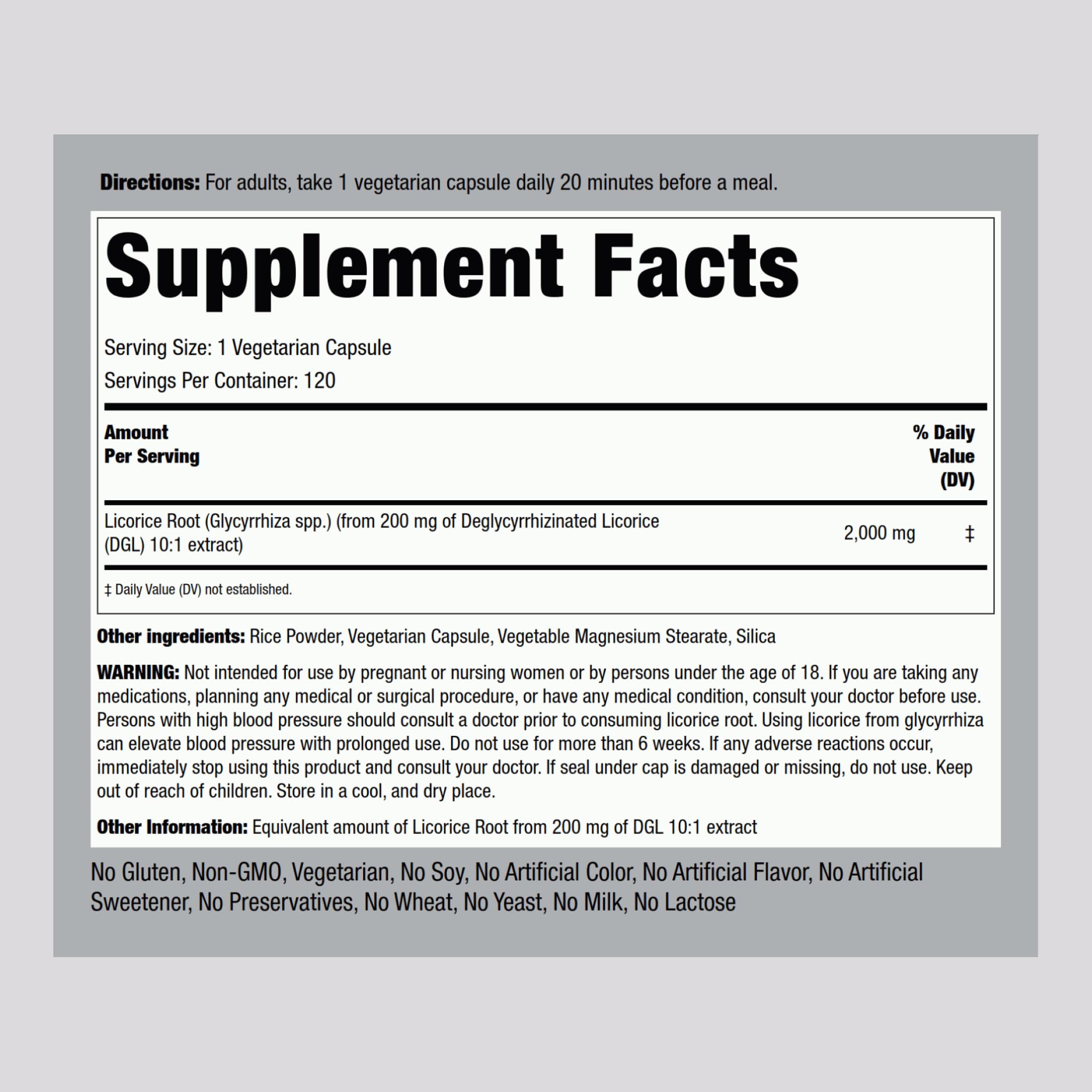 Piping Rock DGL 2000mg vegetarian capsules supplement label