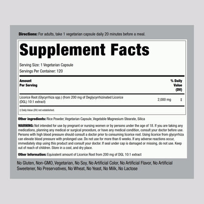 Piping Rock DGL 2000mg vegetarian capsules supplement label