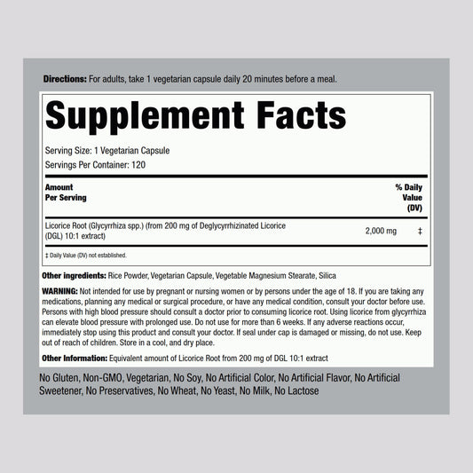 Piping Rock DGL 2000mg vegetarian capsules supplement label