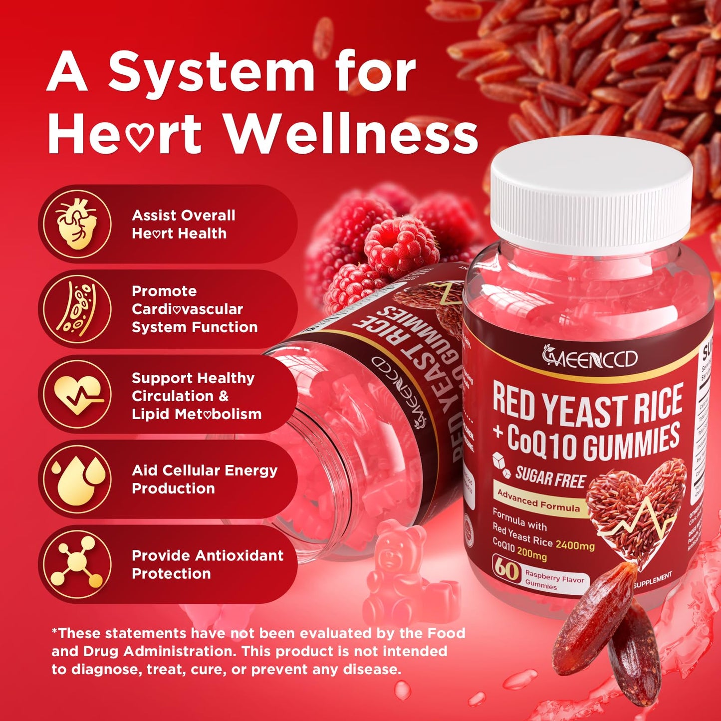 Meenccd Red Yeast Rice and CoQ10 Gummies side view showing ingredients