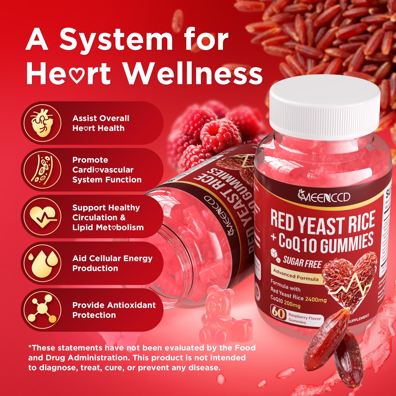 Meenccd Red Yeast Rice and CoQ10 Gummies side view showing ingredients
