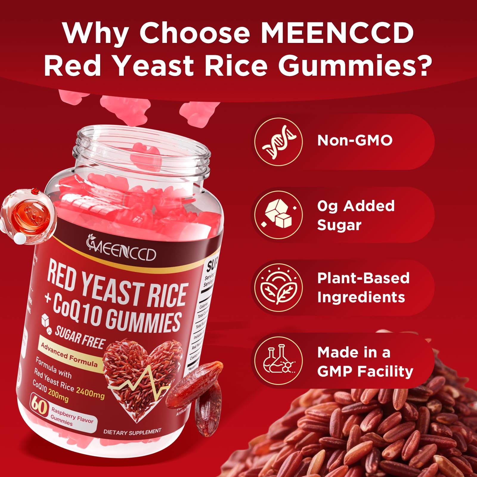 Meenccd Red Yeast Rice and CoQ10 Gummies nutritional benefits infographic