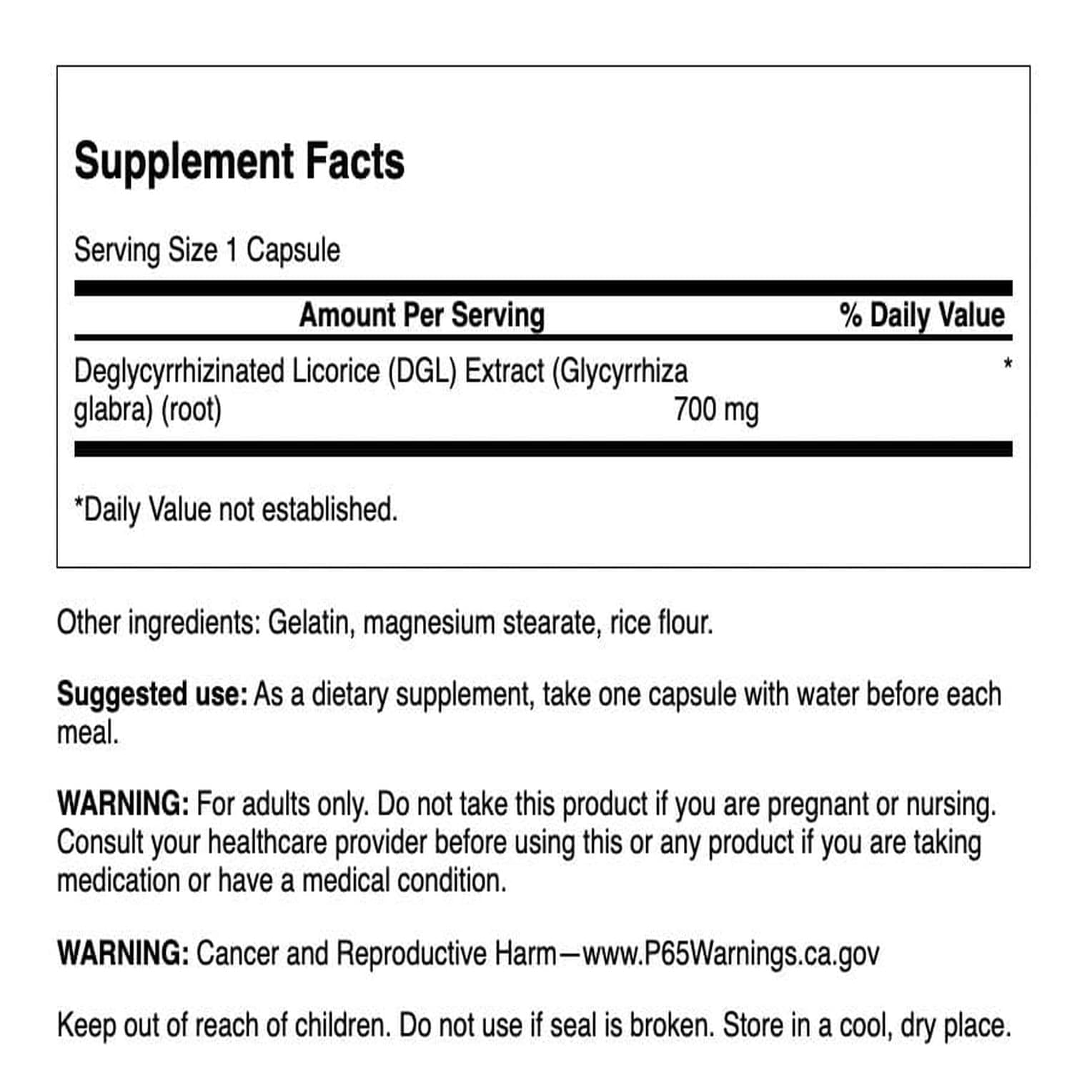 Swanson DGL Licorice 700mg bottle label ingredients list