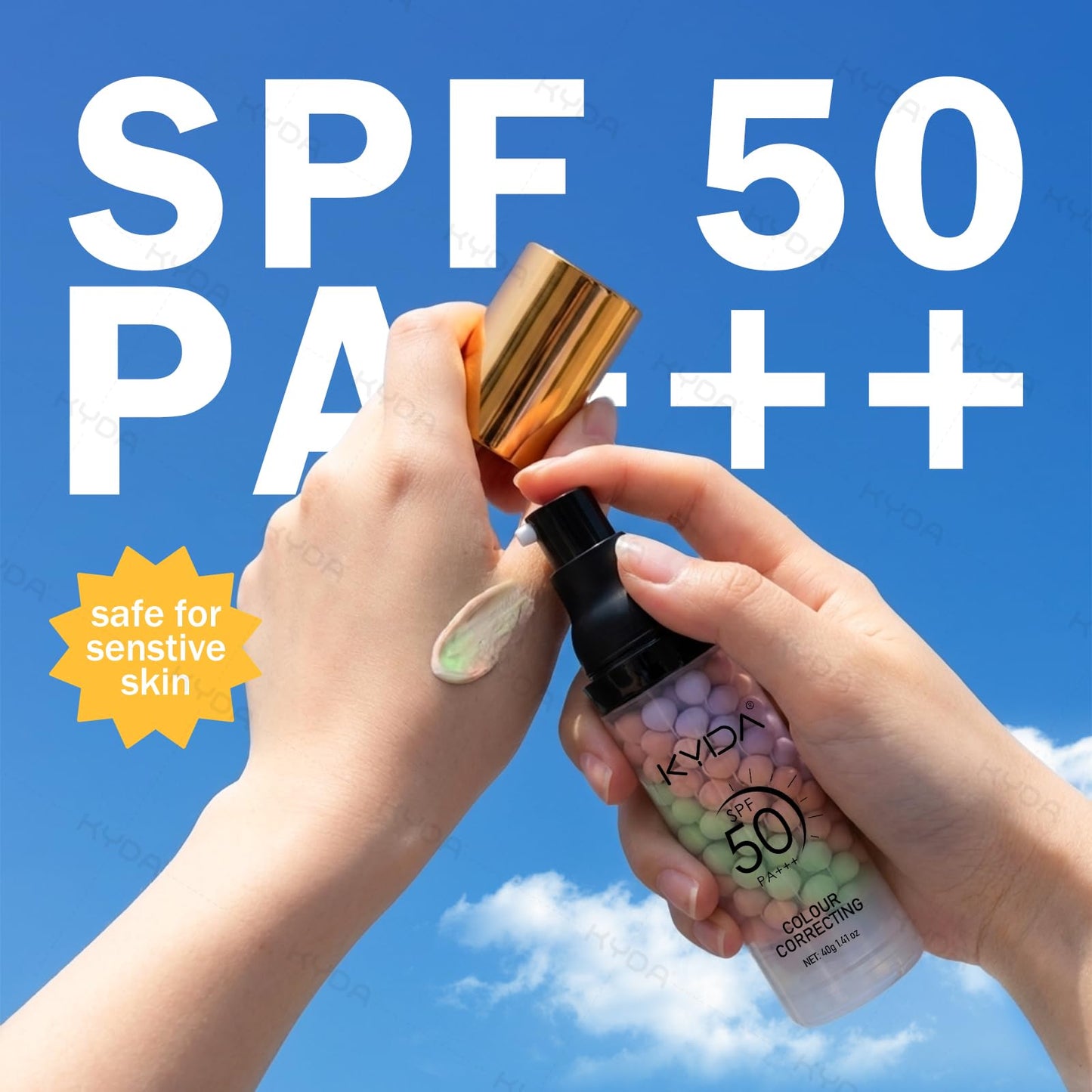 Kyda primer packaging showing SPF 50 benefits