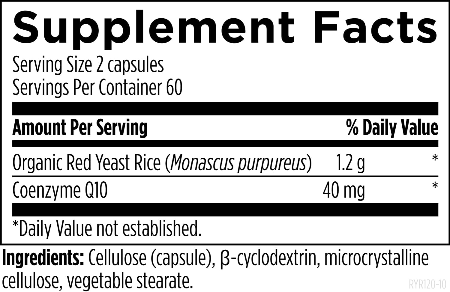 Side view of RYR Synergy 120 capsules bottle with organic certification details.