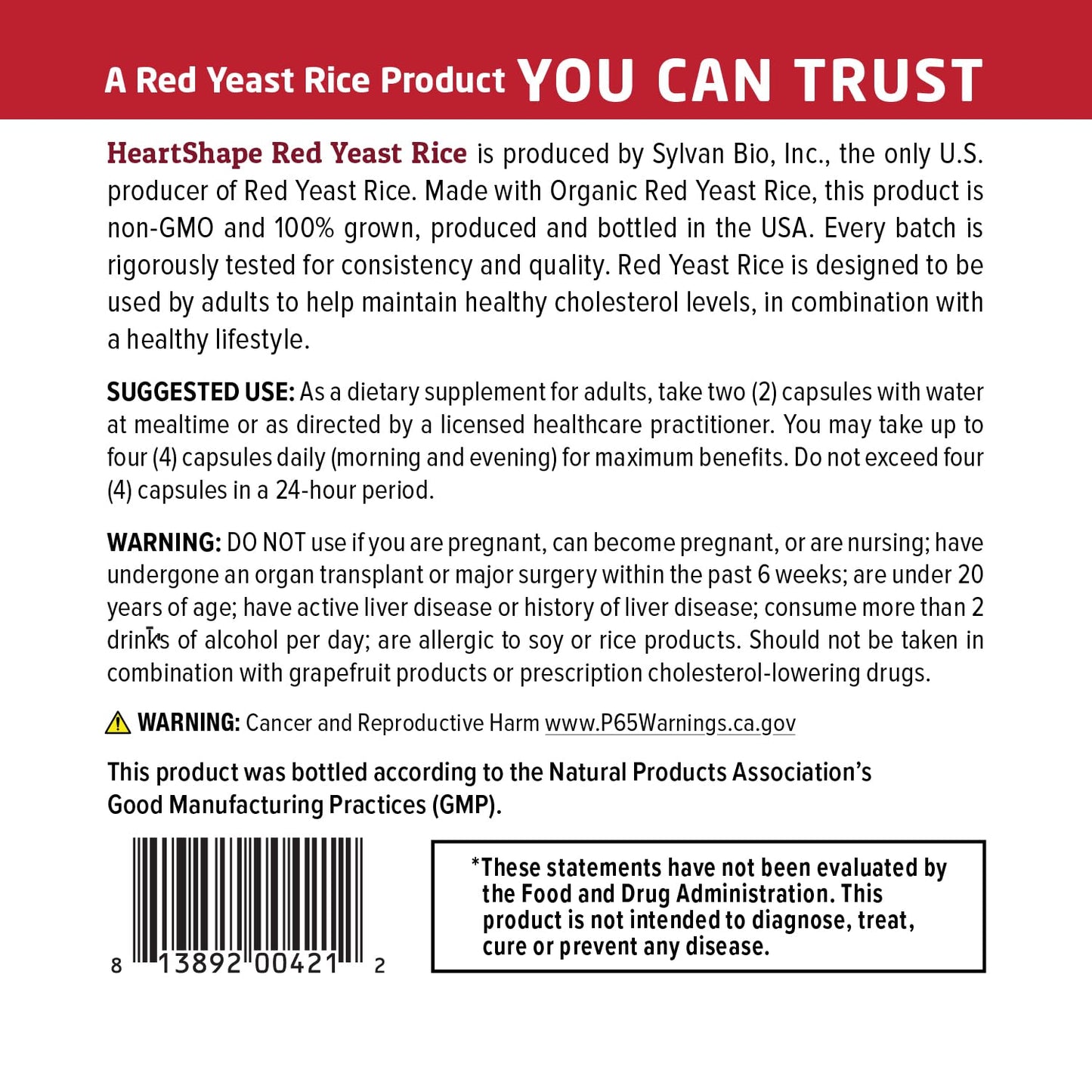 HeartShape USA imported cholesterol management capsules supplement facts label detail