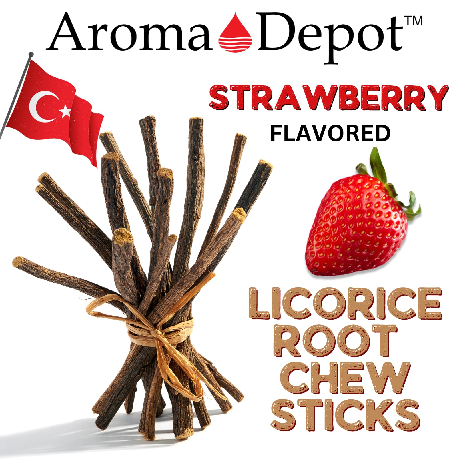 Close up of Aroma Depot strawberry flavored natural licorice root sticks