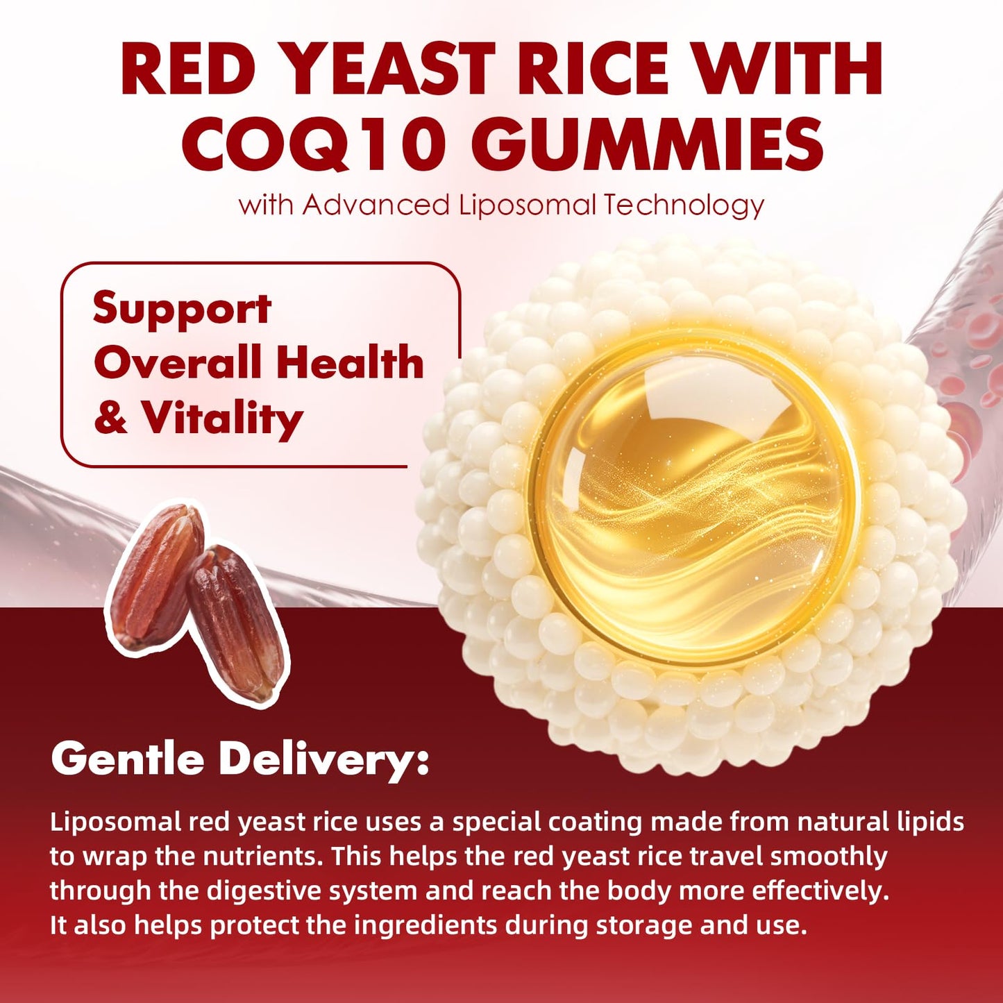Close up of red yeast rice and CoQ10 vegan gummy texture