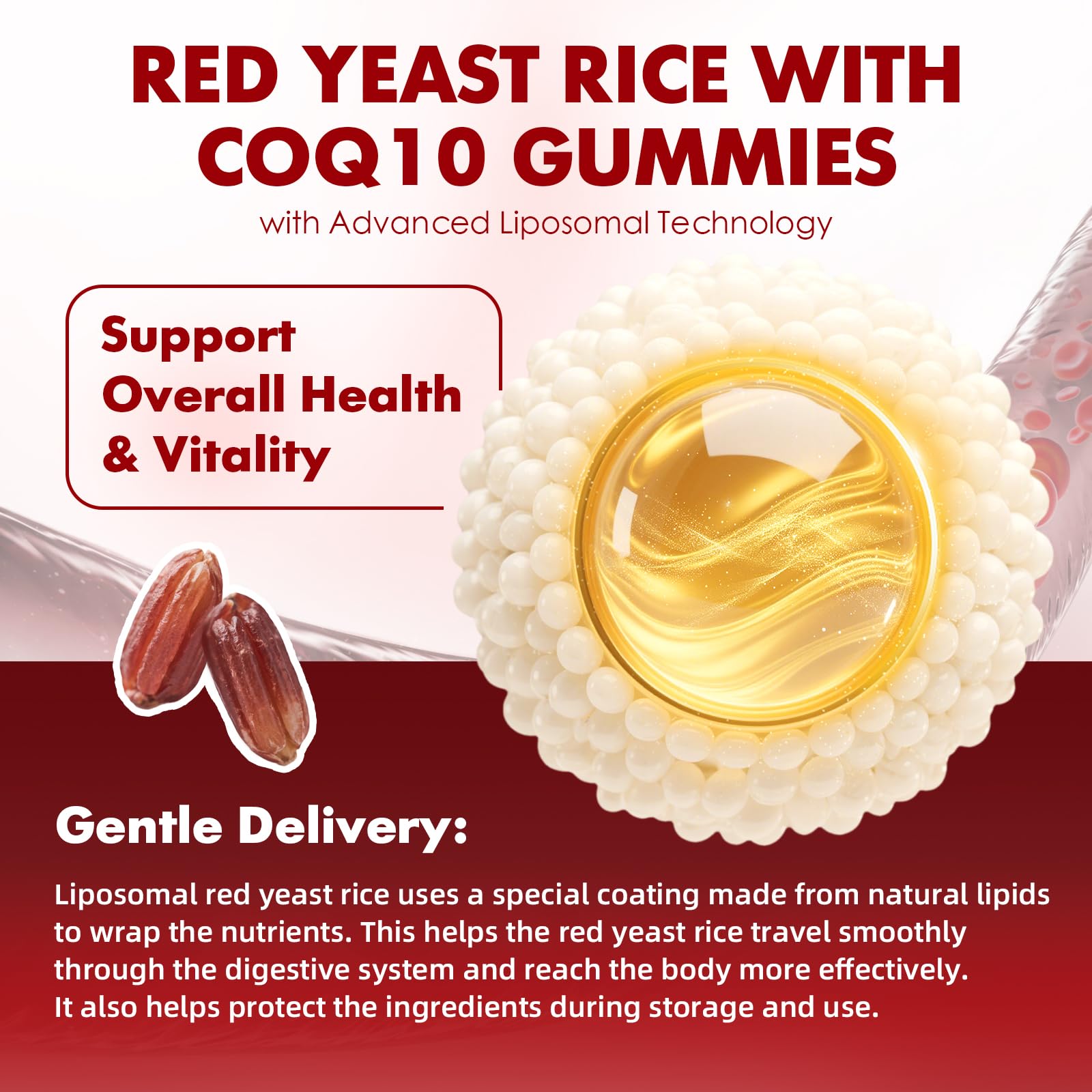 Close up of red yeast rice and CoQ10 vegan gummy texture
