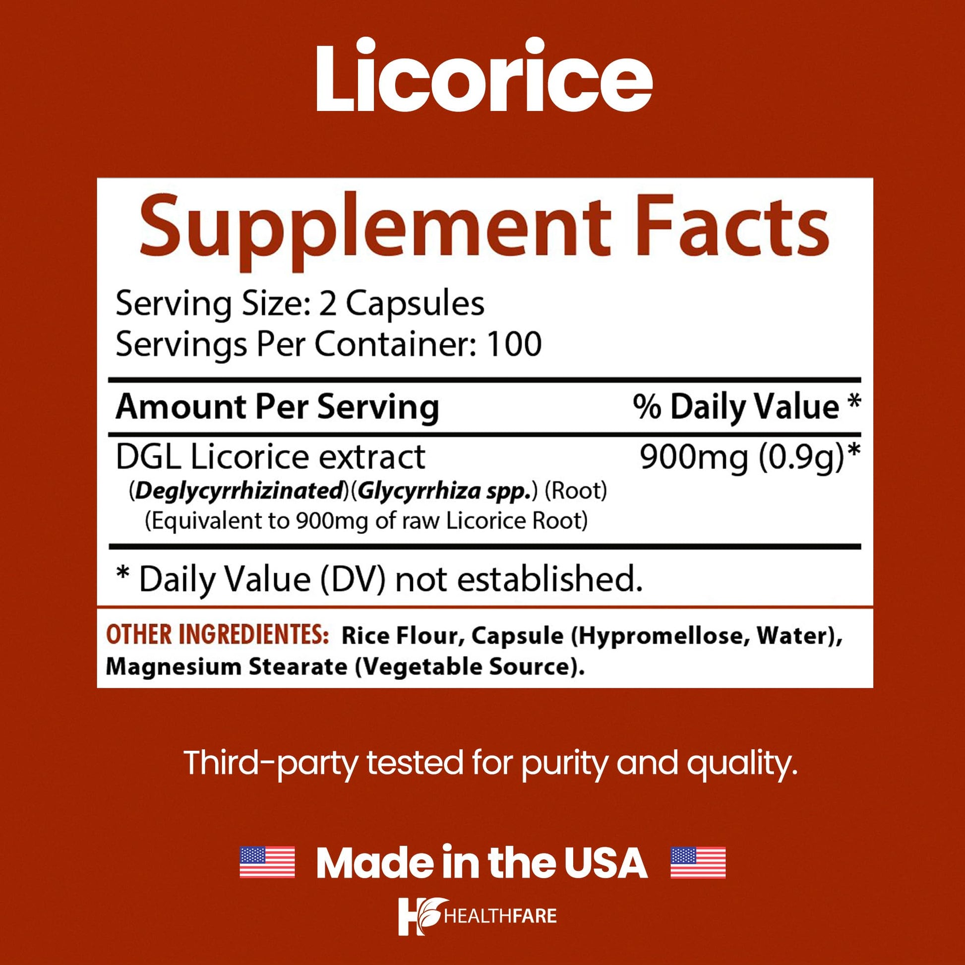 Side view of Healthfare licorice root extract bottle showing 900mg potency