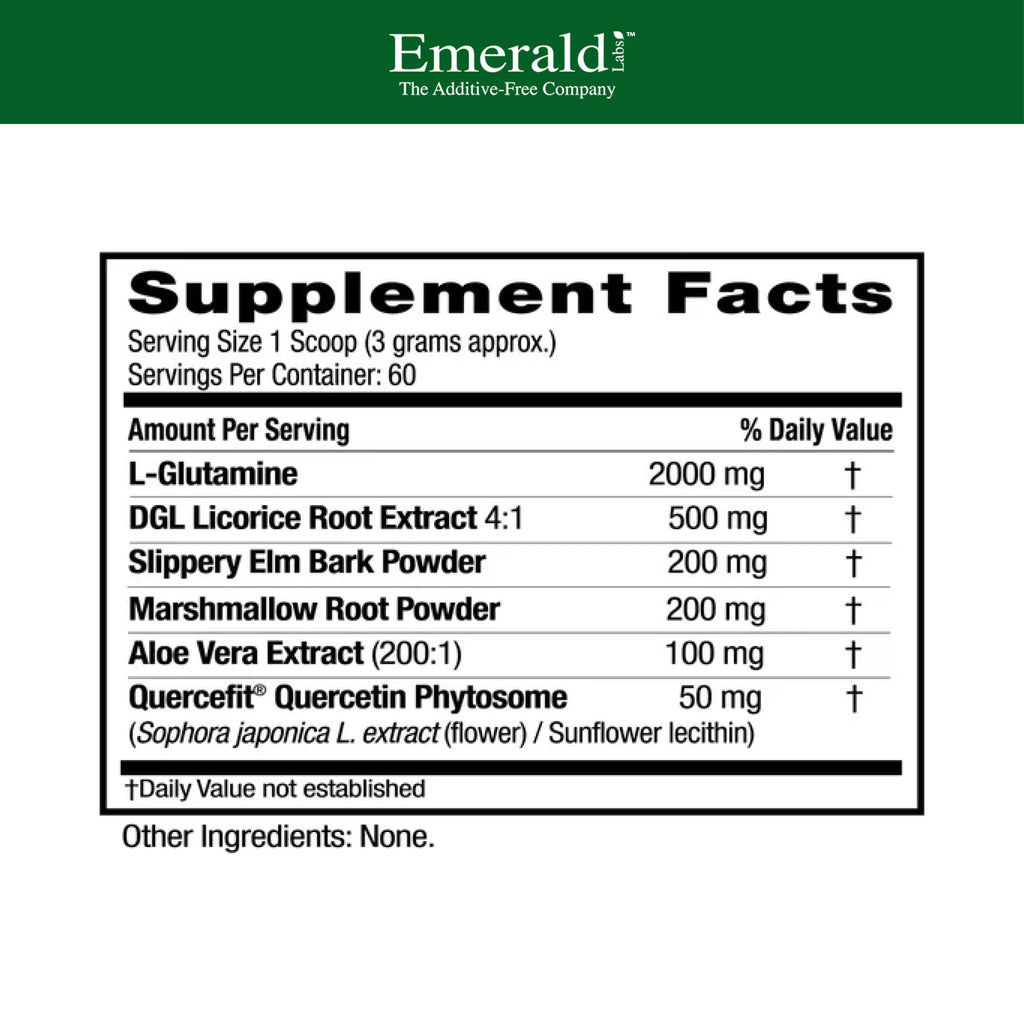 Close up of Emerald Laboratories Leaky Gut Health supplement label ingredients