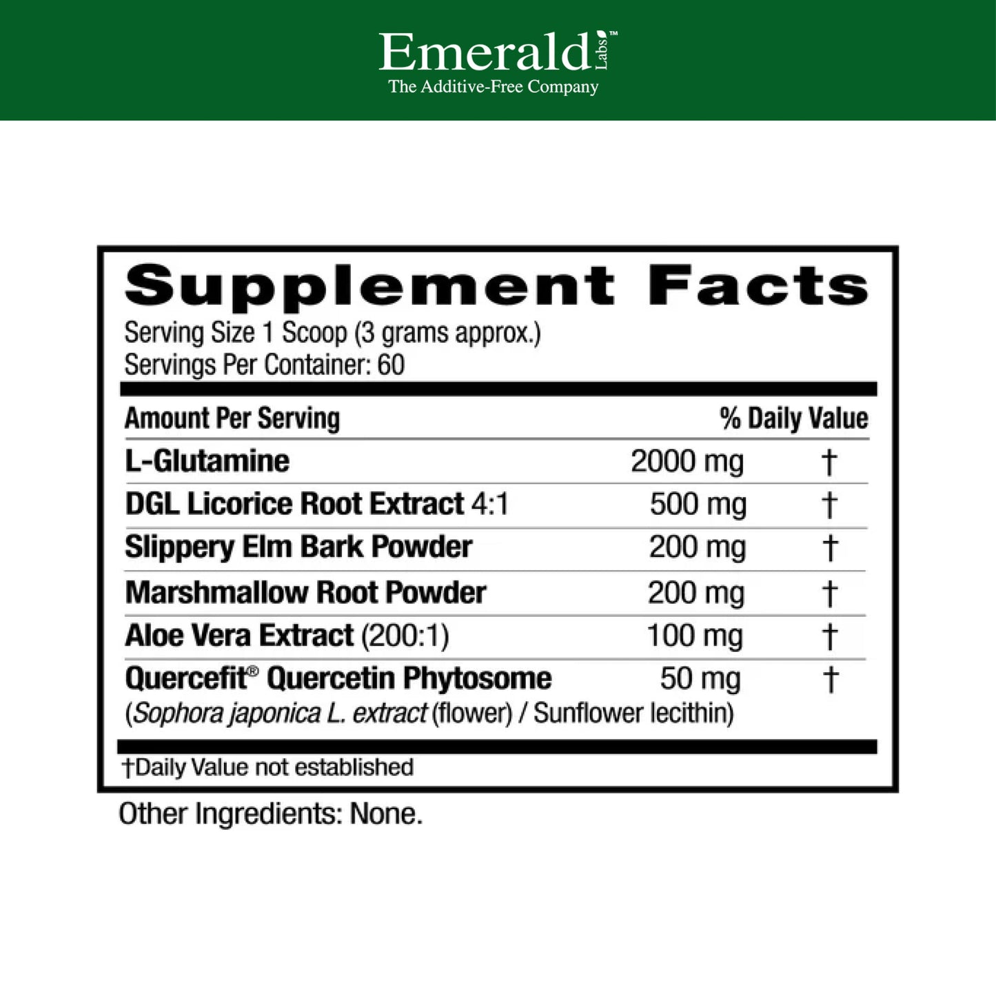 Close up of Emerald Laboratories Leaky Gut Health supplement label ingredients
