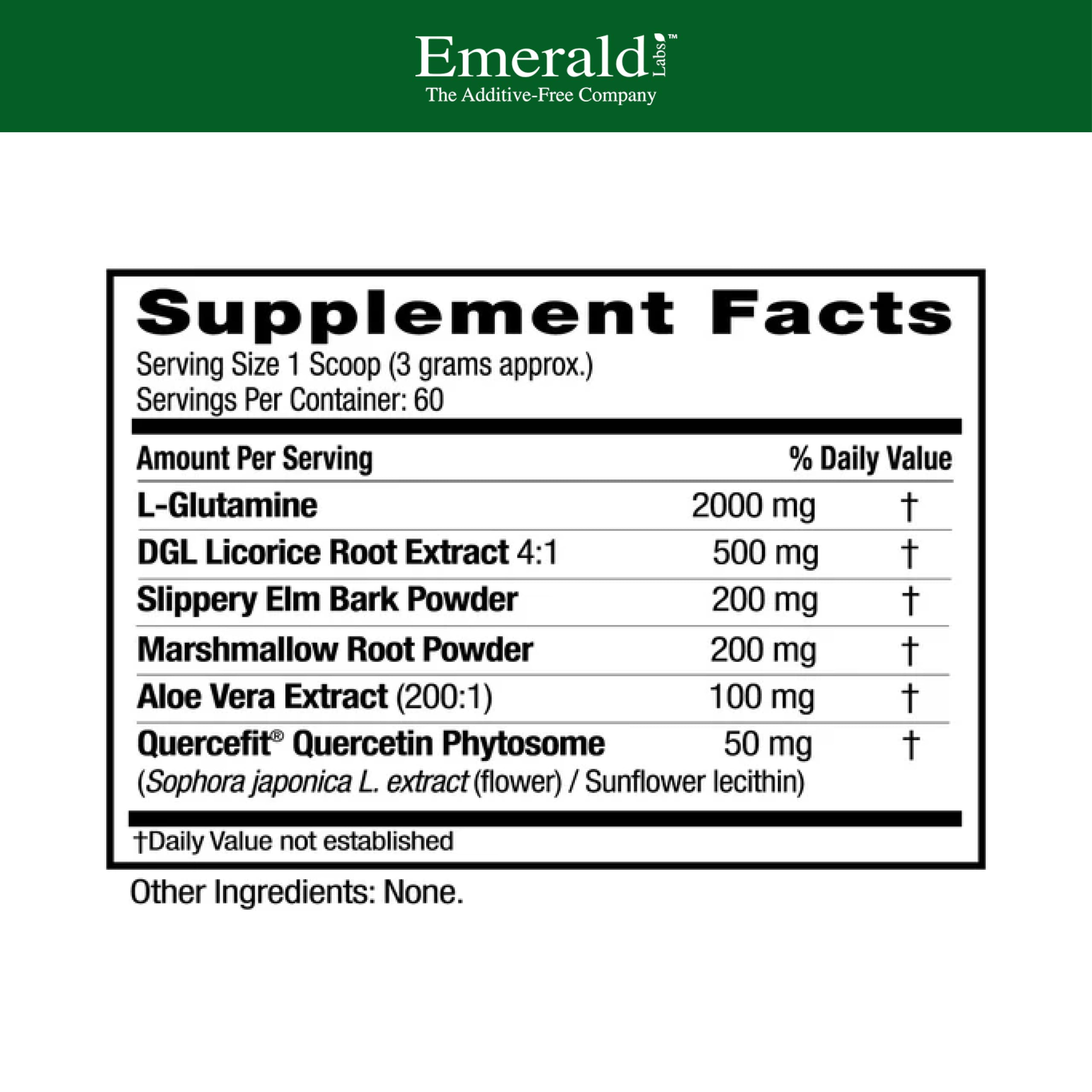 Close up of Emerald Laboratories Leaky Gut Health supplement label ingredients