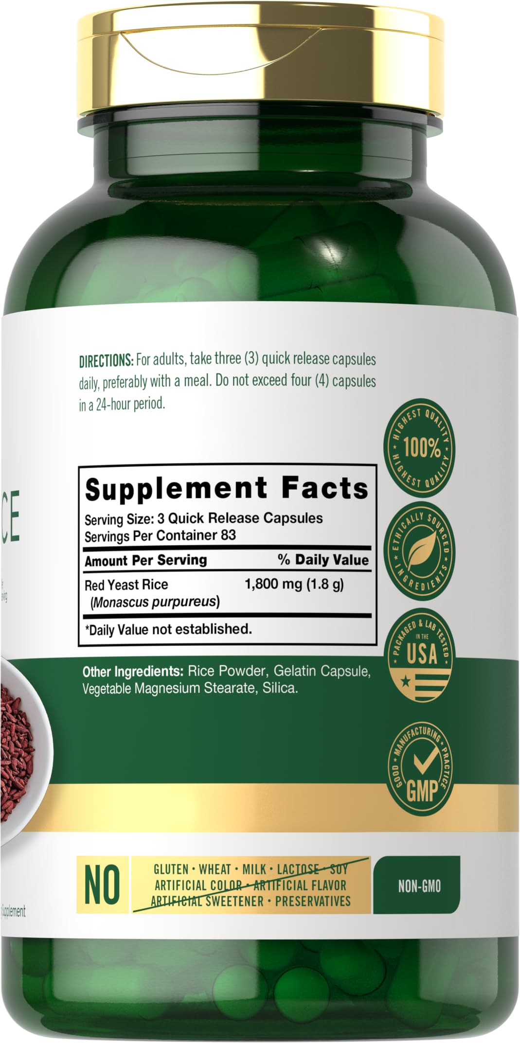 Carlyle Red Yeast Rice supplement nutrition facts label showing 1800mg dosage per serving
