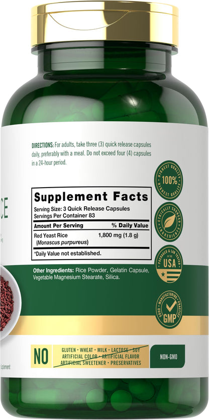 Carlyle Red Yeast Rice supplement nutrition facts label showing 1800mg dosage per serving
