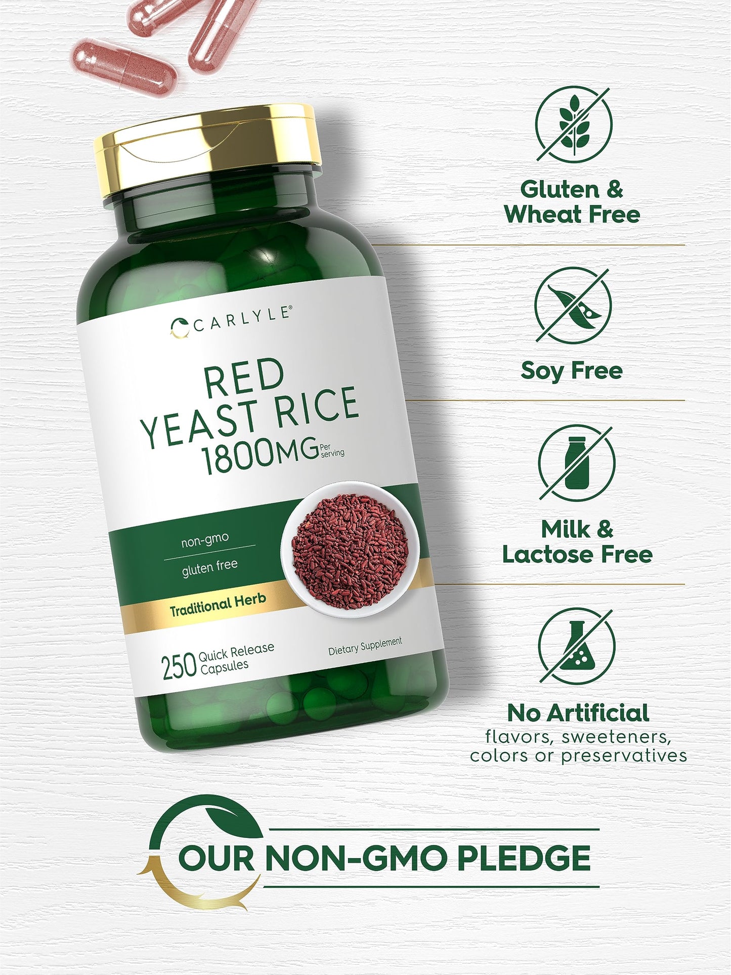 Side view of Carlyle Red Yeast Rice 250 quick release capsules bottle detailing ingredients