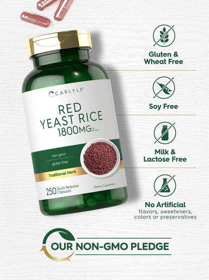 Side view of Carlyle Red Yeast Rice 250 quick release capsules bottle detailing ingredients