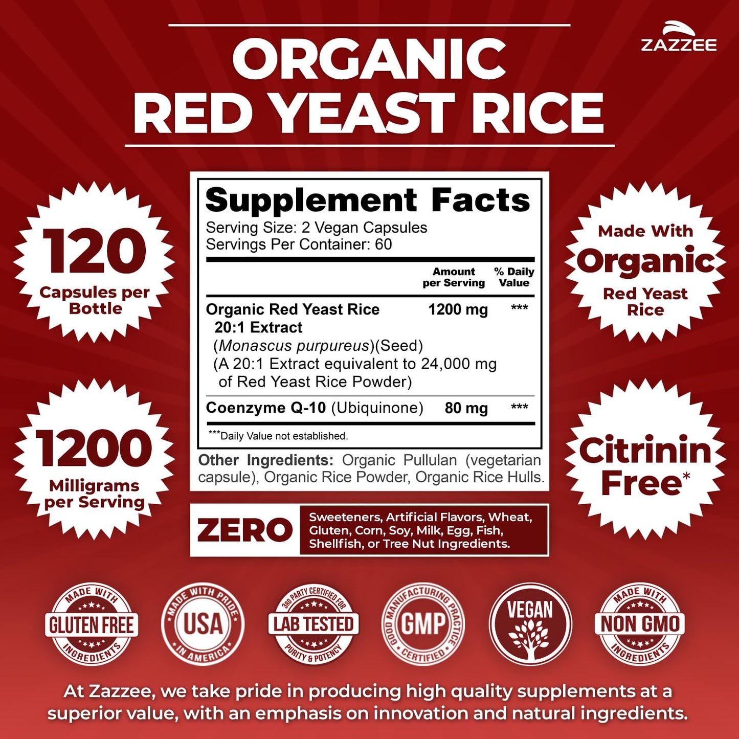 Zazzee Red Yeast Rice 1200 Milligrams nutritional supplement label and supplement facts