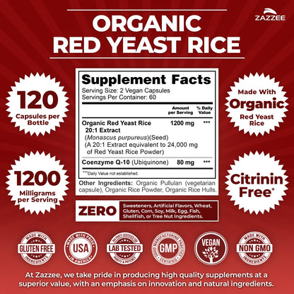 Zazzee Red Yeast Rice 1200 Milligrams nutritional supplement label and supplement facts