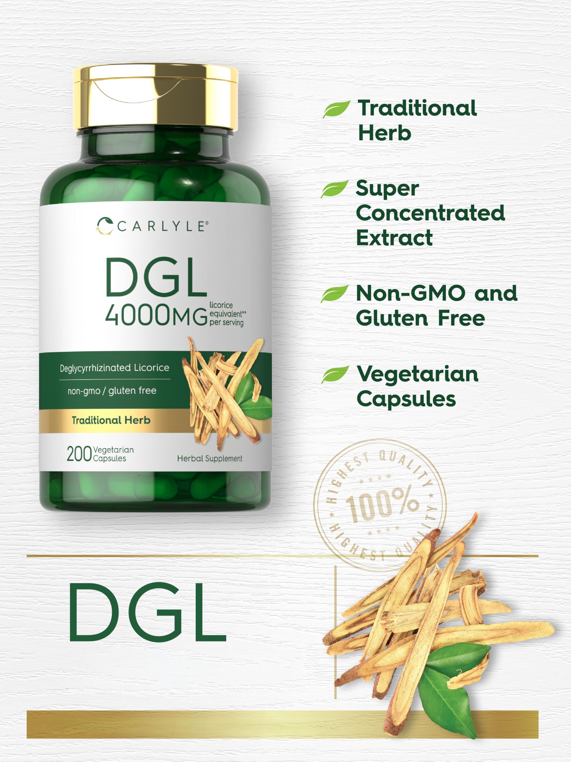 Carlyle DGL capsules bottle displaying non-GMO and gluten-free certification