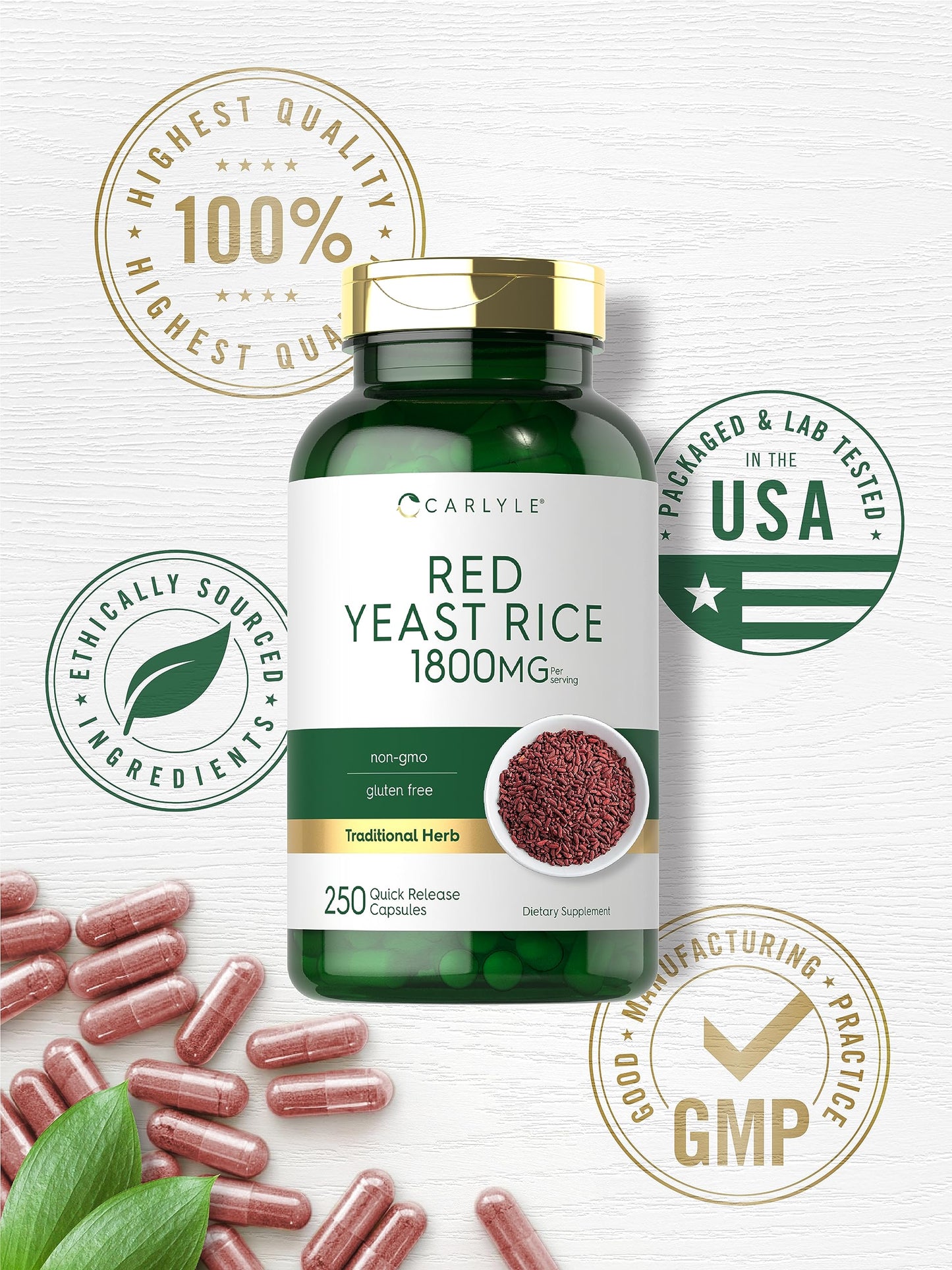 Close up of Carlyle Red Yeast Rice bottle highlighting cardiovascular health benefits