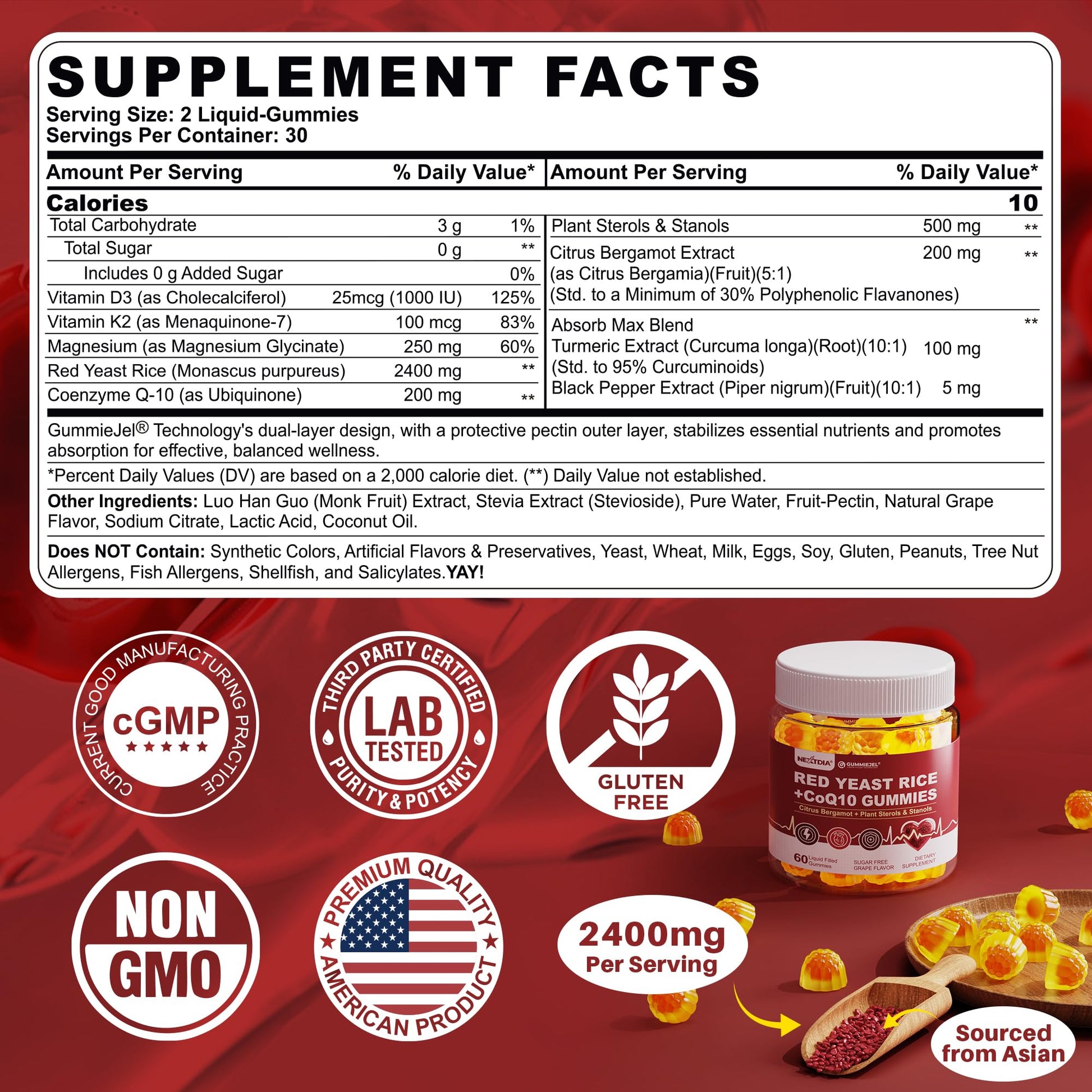 Nextdia Red Yeast Rice Gummies nutritional label detail