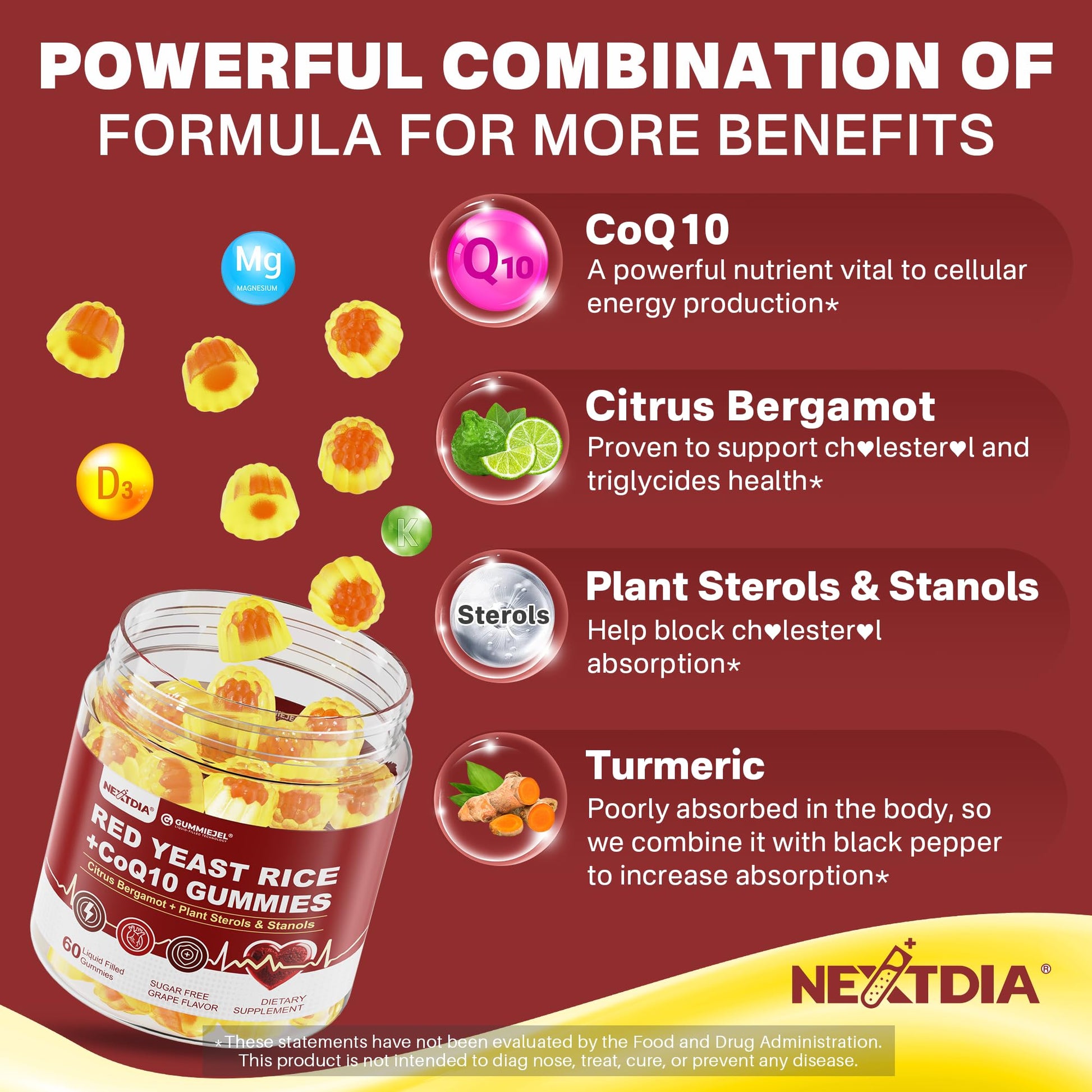 Nextdia Red Yeast Rice Gummies bottle packaging side view