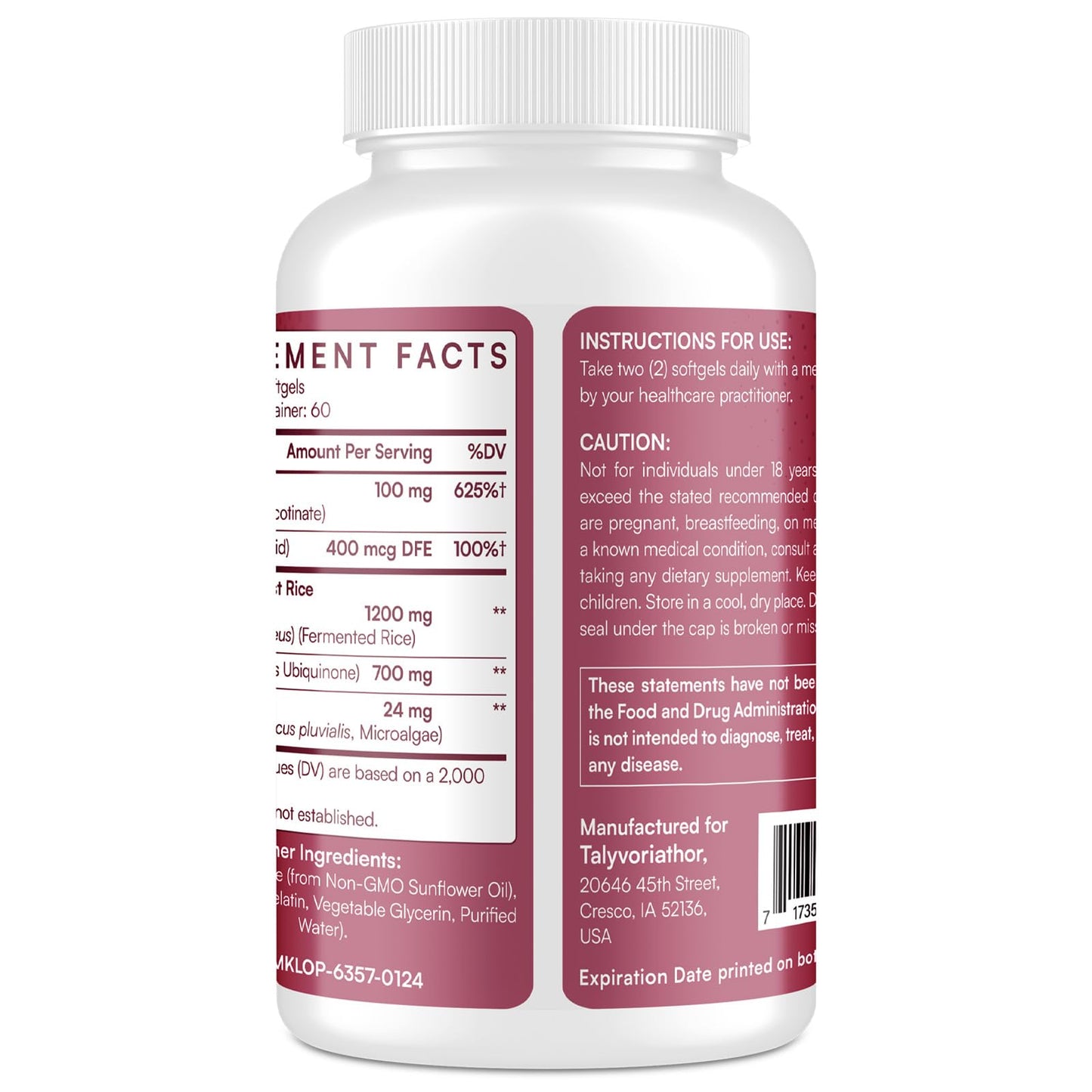 Talyvoriathor Red Yeast Rice softgels nutritional label