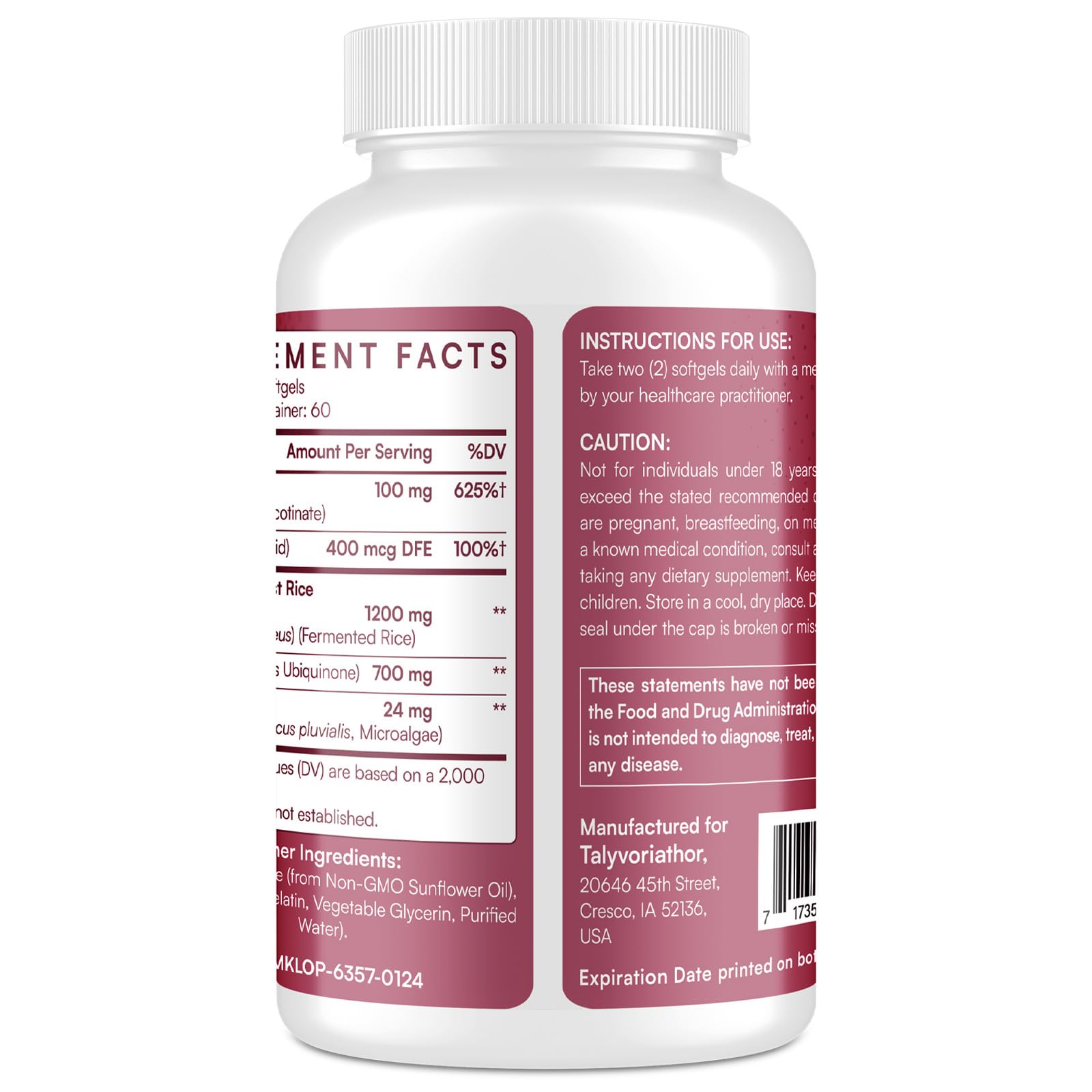 Talyvoriathor Red Yeast Rice softgels nutritional label