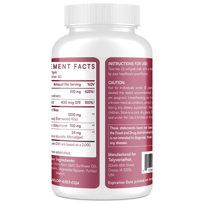 Talyvoriathor Red Yeast Rice softgels nutritional label