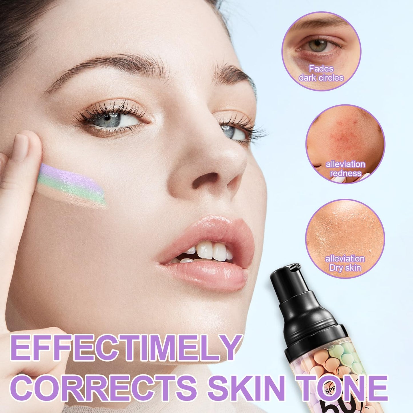 Scarman color correcting facial serum cream being pumped out to show the three distinct pigment shades before blending.