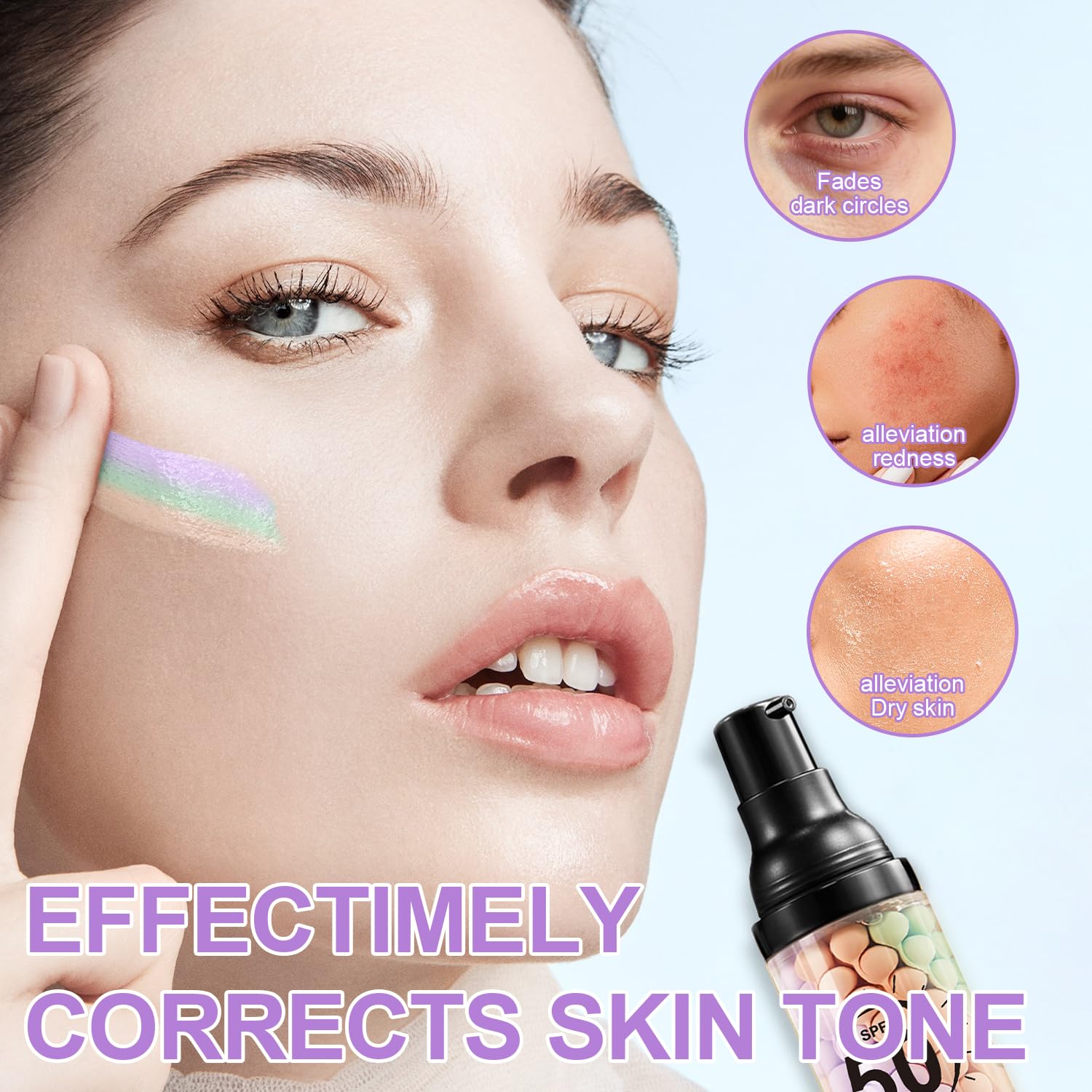 Scarman color correcting facial serum cream being pumped out to show the three distinct pigment shades before blending.