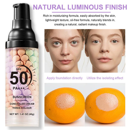 Scarman makeup base primer showing oil control and moisturizing properties on a clean vanity setup.