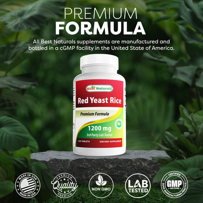 Side view of Best Naturals Red Yeast Rice dietary supplement bottle showcasing GMP compliance details.