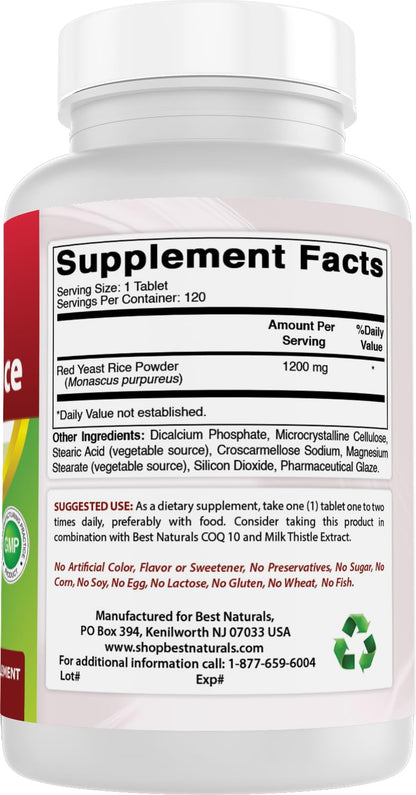 Close up view of the 1200 mg red yeast rice tablets next to the brand container.