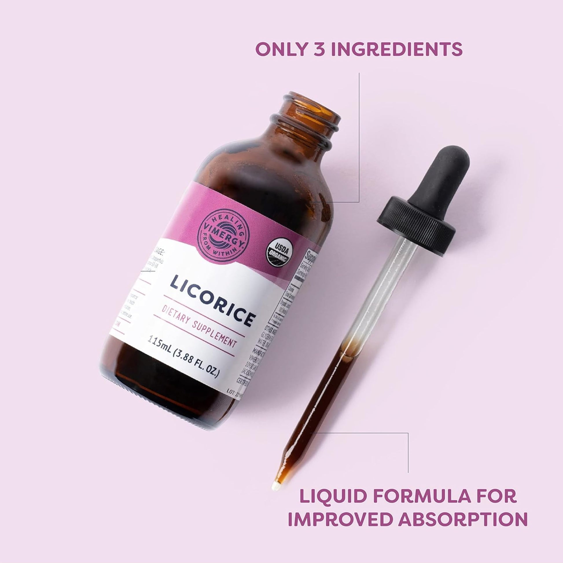 Liquid licorice extract dropper bottle with natural ingredients