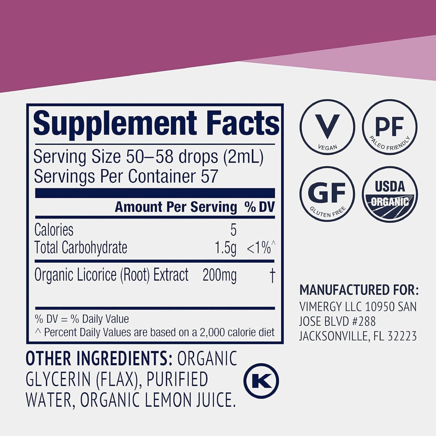 Vimergy USDA organic certified licorice root extract bottle